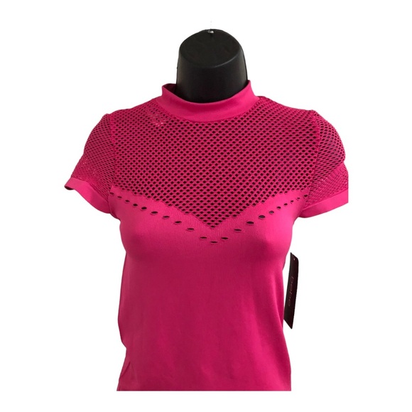 Bebe hot pink mesh rhinestone bebe logo scuba fit stretch active top size XS/S - Picture 6 of 14